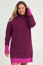 Model Chanel wearing size XL of the Two Tone Knit Dress in colour Wildberry (Pink), from the front, cropped image