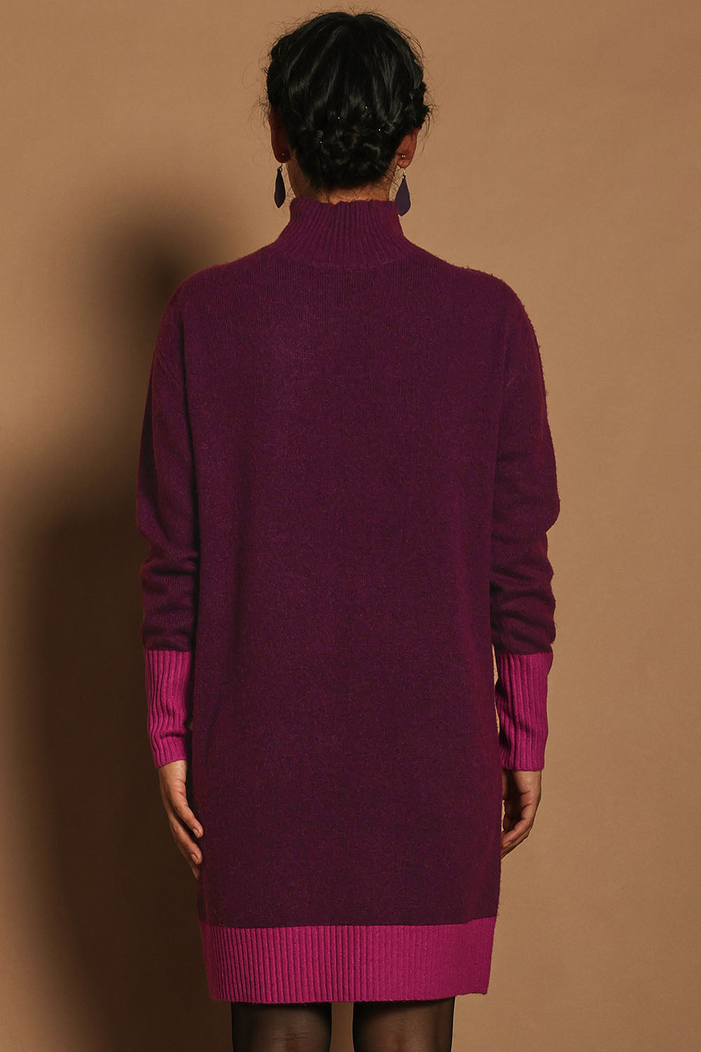 Model Katie wearing size S of the Two Tone Knit Dress in colour Wildberry (Pink), from the back