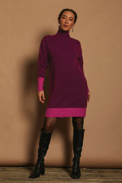Model Katie wearing size S of the Two Tone Knit Dress in colour Wildberry (Pink), from the front, showing the whole outfit