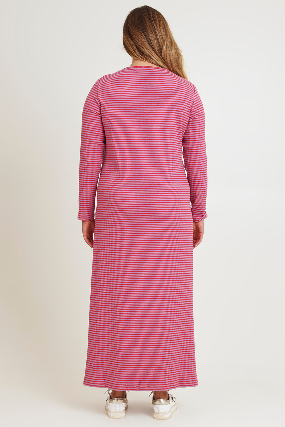 Model Chanel wearing size 16 of the Cotton Long Sleeve Stripe Dress in colour Redlilac (Red), from the back