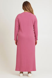 Model Chanel wearing size 16 of the Cotton Long Sleeve Stripe Dress in colour Redlilac (Red), from the back