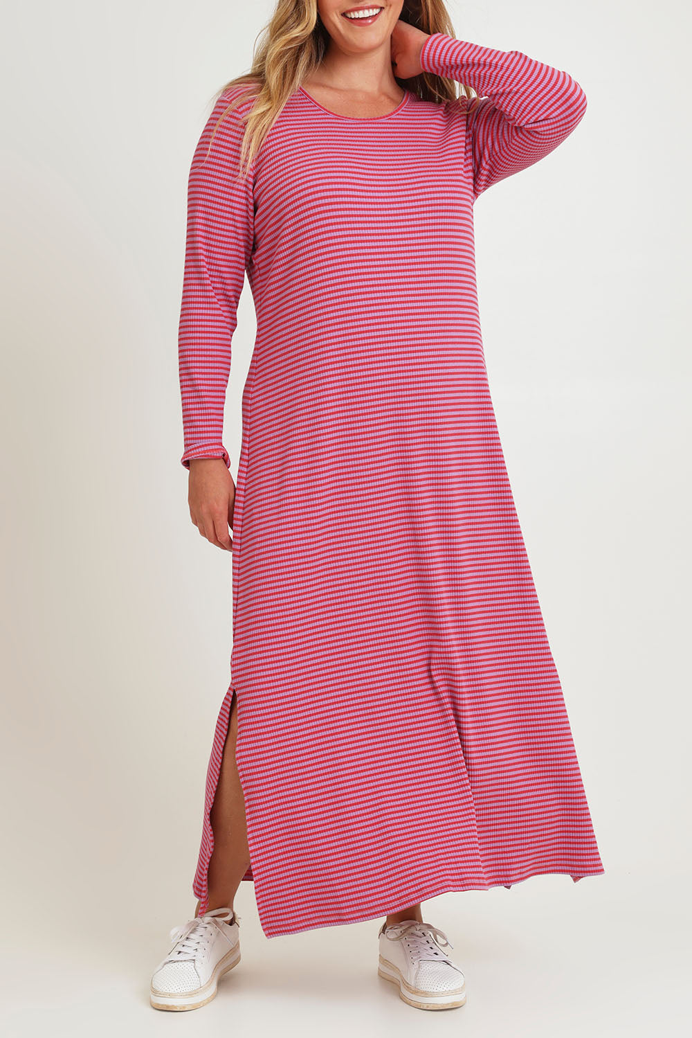 Model Chanel wearing size 16 of the Cotton Long Sleeve Stripe Dress in colour Redlilac (Red), from the front, cropped image