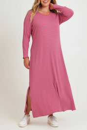 Model Chanel wearing size 16 of the Cotton Long Sleeve Stripe Dress in colour Redlilac (Red), from the front, cropped image