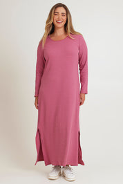Model Chanel wearing size 16 of the Cotton Long Sleeve Stripe Dress in colour Redlilac (Red), from the front, showing the whole outfit