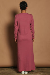 Model Katie wearing size 10 of the Cotton Long Sleeve Stripe Dress in colour Redlilac (Red), from the back