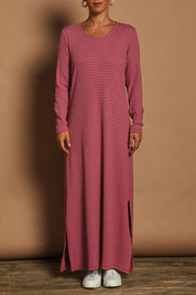 Model Katie wearing size 10 of the Cotton Long Sleeve Stripe Dress in colour Redlilac (Red), from the front, cropped image