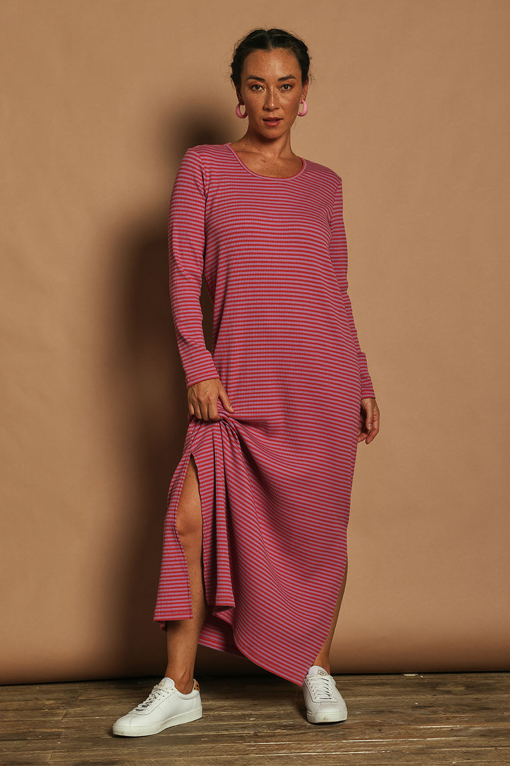 Model Katie wearing size 10 of the Cotton Long Sleeve Stripe Dress in colour Redlilac (Red), from the front, showing the whole outfit