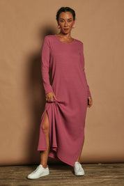 Model Katie wearing size 10 of the Cotton Long Sleeve Stripe Dress in colour Redlilac (Red), from the front, showing the whole outfit