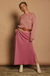 Model Katie wearing size 10 of the Cotton Long Sleeve Stripe Dress in colour Redlilac (Red), from the front, showing the whole outfit