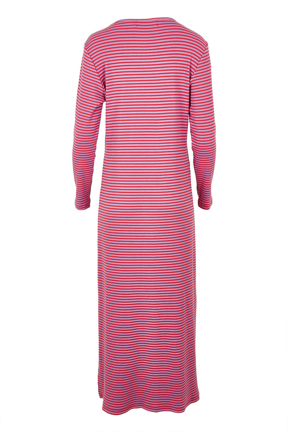 Product shot of the Cotton Long Sleeve Stripe Dress in colour Redlilac (Red), from the back