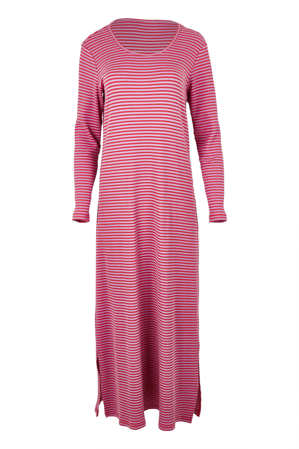 Product shot of the Cotton Long Sleeve Stripe Dress in colour Redlilac (Red), from the front