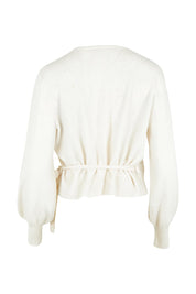 Product shot of the Wrap Knit Sweater in colour Cream (White), from the back