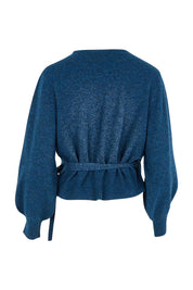 Product shot of the Wrap Knit Sweater in colour Dustyblue (Blue), from the back