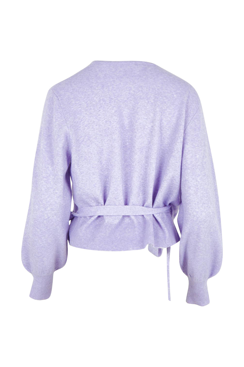 Product shot of the Wrap Knit Sweater in colour Lilac (Purple), from the back
