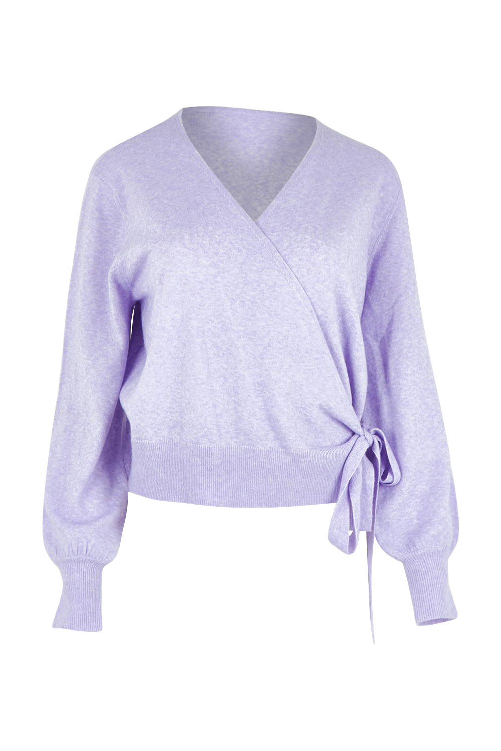 Product shot of the Wrap Knit Sweater in colour Lilac (Purple), from the front