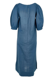 Product shot of the Puff Sleeve Midi Cotton Dress in colour Moroccan (Blue), from the back