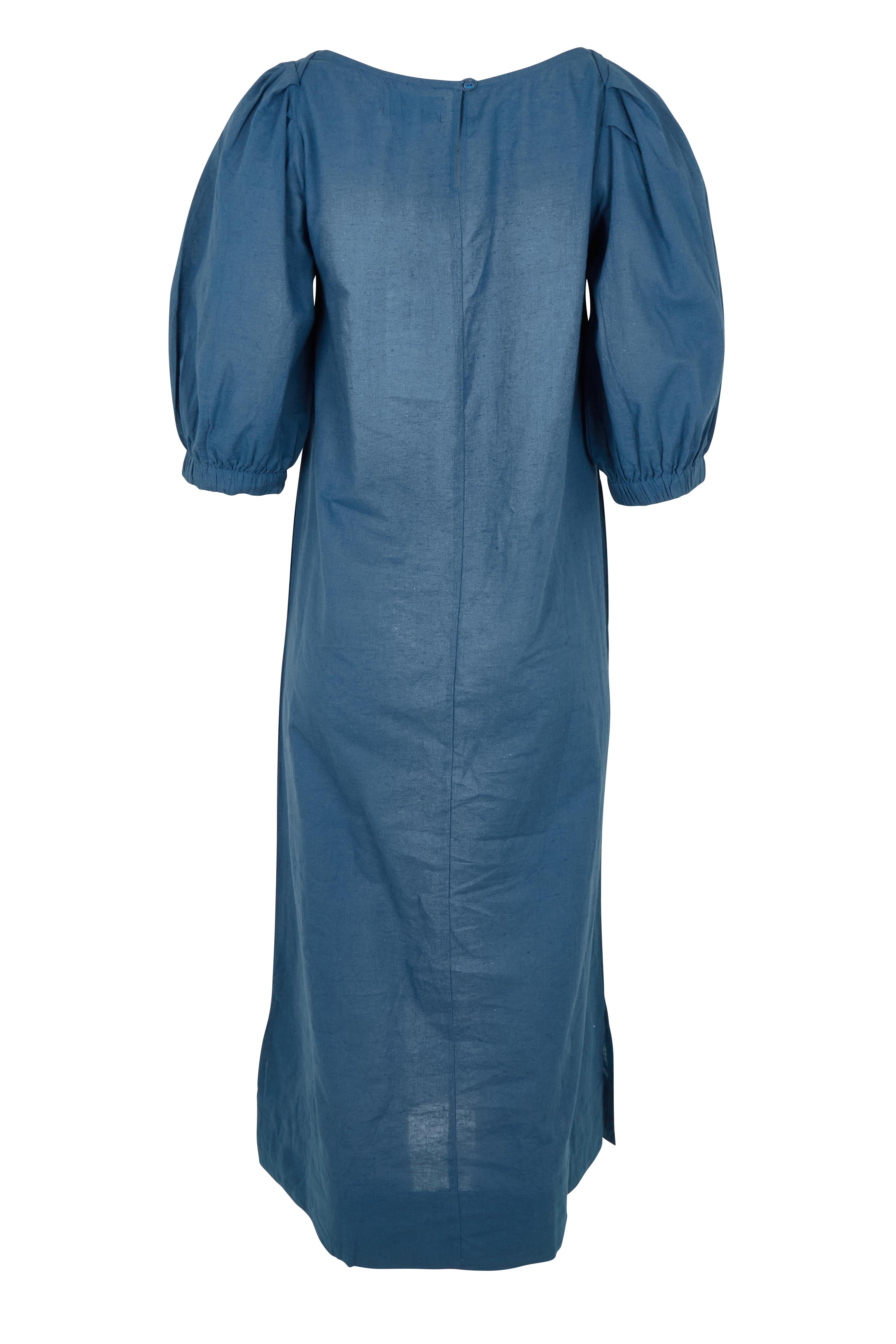 Product shot of the Puff Sleeve Midi Cotton Dress in colour Moroccan (Blue), from the back