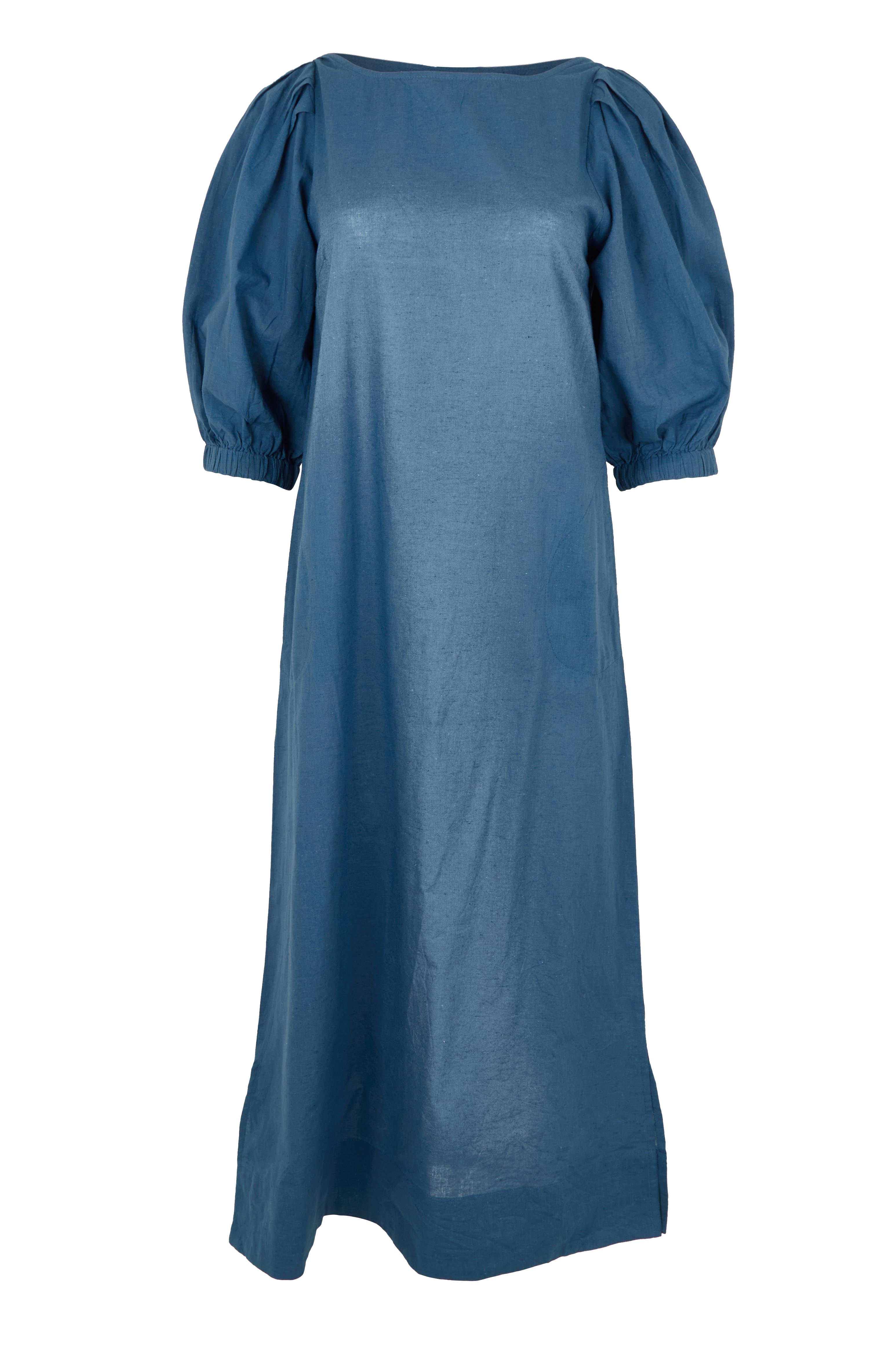Product shot of the Puff Sleeve Midi Cotton Dress in colour Moroccan (Blue), from the front