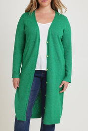 Model Chanel wearing size XL of the Long Textured Cardigan in colour Boldgreen (Green), from the front, cropped image