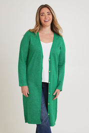 Model Chanel wearing size XL of the Long Textured Cardigan in colour Boldgreen (Green), from the front, cropped image