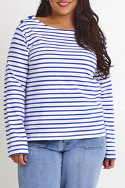 Model Ashleigh wearing size 16 of the Cotton Stripe Long Sleeve Top in colour Whiteblue (Blue), from the front, cropped image