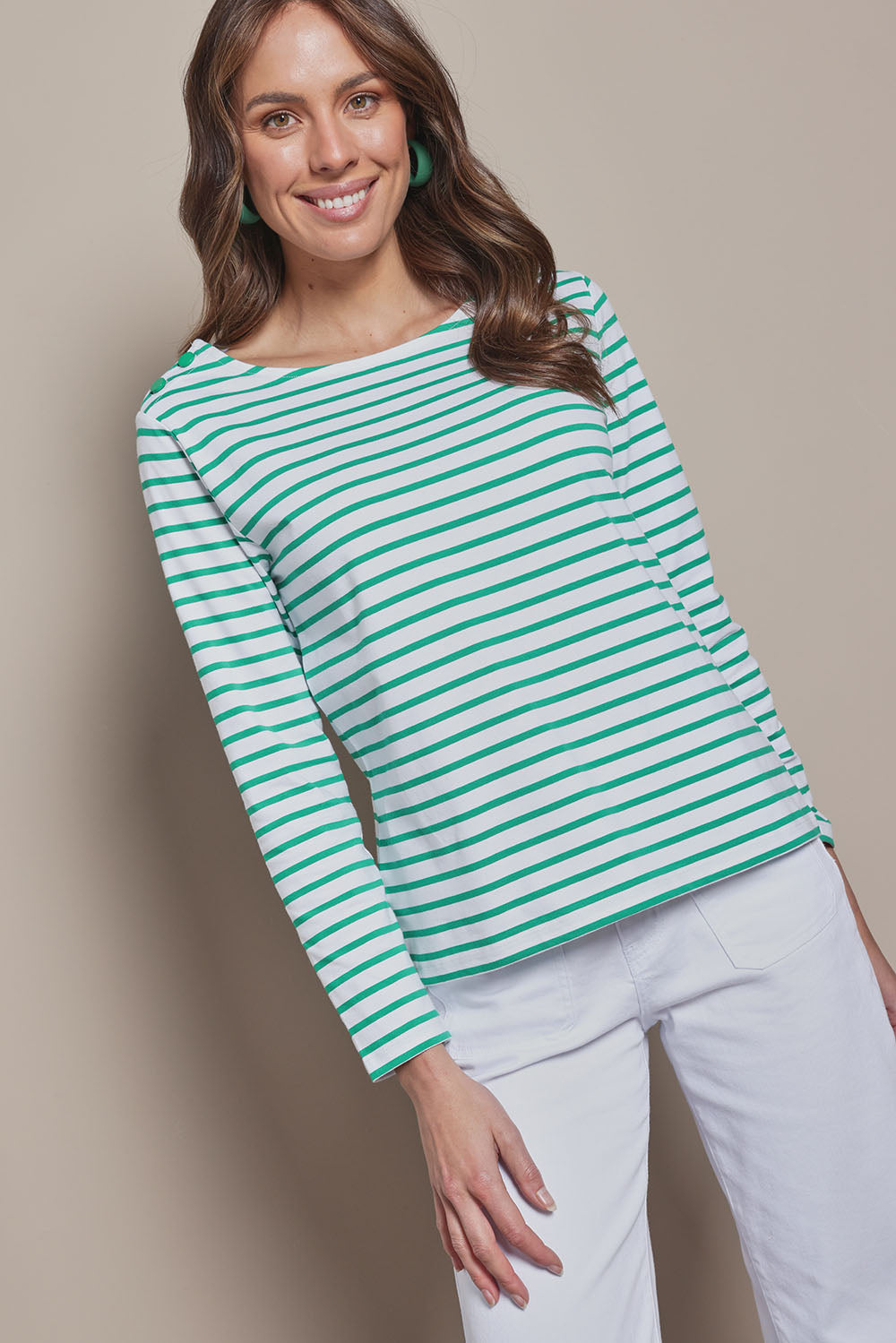 Model Madeline wearing size 10 of the Cotton Stripe Long Sleeve Top in colour Whitegreen (Green), from the front, cropped image