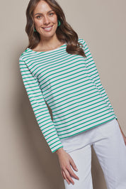 Model Madeline wearing size 10 of the Cotton Stripe Long Sleeve Top in colour Whitegreen (Green), from the front, cropped image