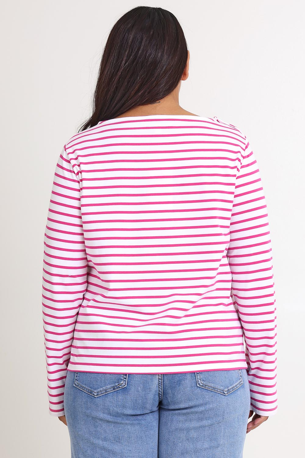 Model Ashleigh wearing size 16 of the Cotton Stripe Long Sleeve Top in colour Whitepink (Pink), from the back