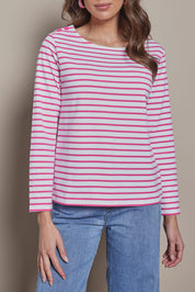 Model Madeline wearing size 10 of the Cotton Stripe Long Sleeve Top in colour Whitepink (Pink), from the front, cropped image