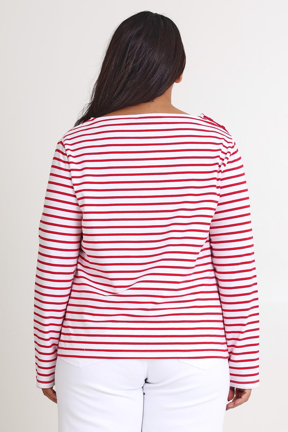 Model Ashleigh wearing size 16 of the Cotton Stripe Long Sleeve Top in colour Whitered (Red), from the back