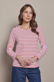 Model Madeline wearing size 10 of the Cotton Stripe Long Sleeve Top in colour Whitered (Red), from the front, cropped image