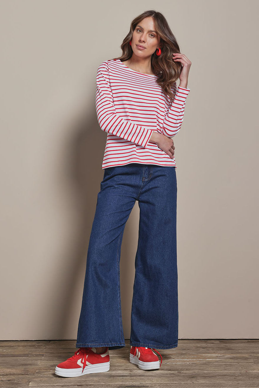 Model Madeline wearing size 10 of the Cotton Stripe Long Sleeve Top in colour Whitered (Red), from the front, showing the whole outfit