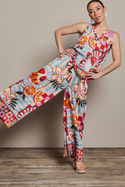 Model Katie wearing size 10 of the Wide Leg Pull On Pant in colour Picnic, from the front, showing the whole outfit
