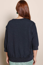 Model Georgiel wearing size 10 of the Heart 3/4 Sleeve Jumper – Blackblue in colour Blackblue, from the back