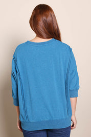 Model Georgiel wearing size 10 of the Heart Cotton 3/4 Sleeve Jumper – Bluebeige in colour Bluebeige, from the back