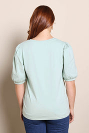 Model Georgiel wearing size 10 of the Cotton Jersey Puff Sleeve Top – Lightsage in colour Lightsage, from the back