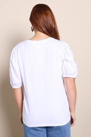 Model Georgiel wearing size 10 of the Cotton Jersey Puff Sleeve Top – White in colour White, from the back