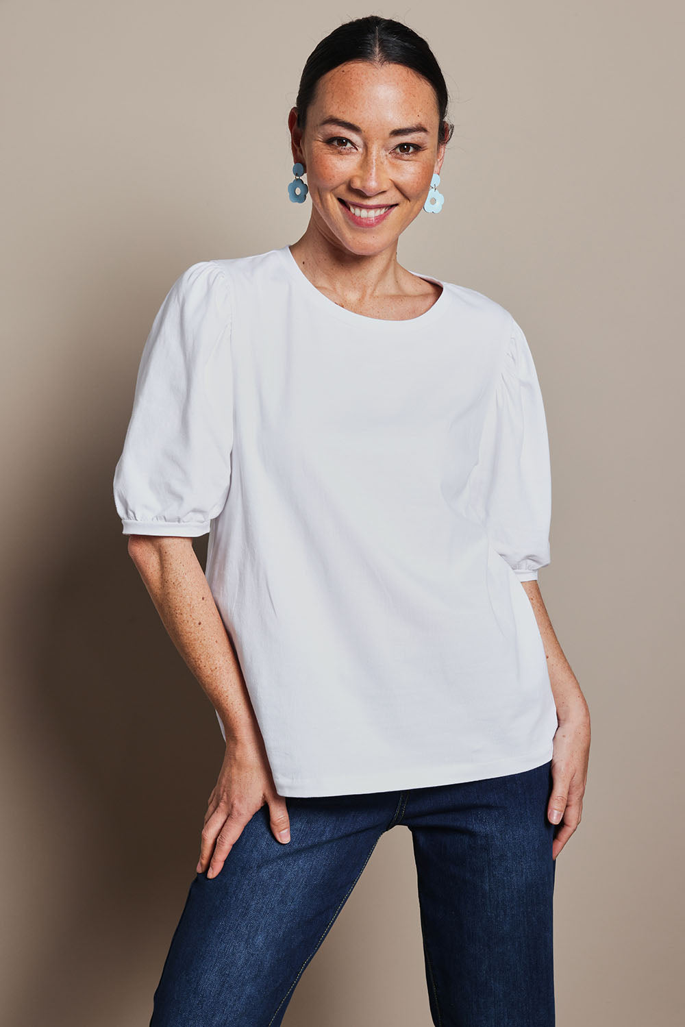 Model Katie wearing size 10 of the Cotton Jersey Puff Sleeve Top in colour White (White), from the front, cropped image