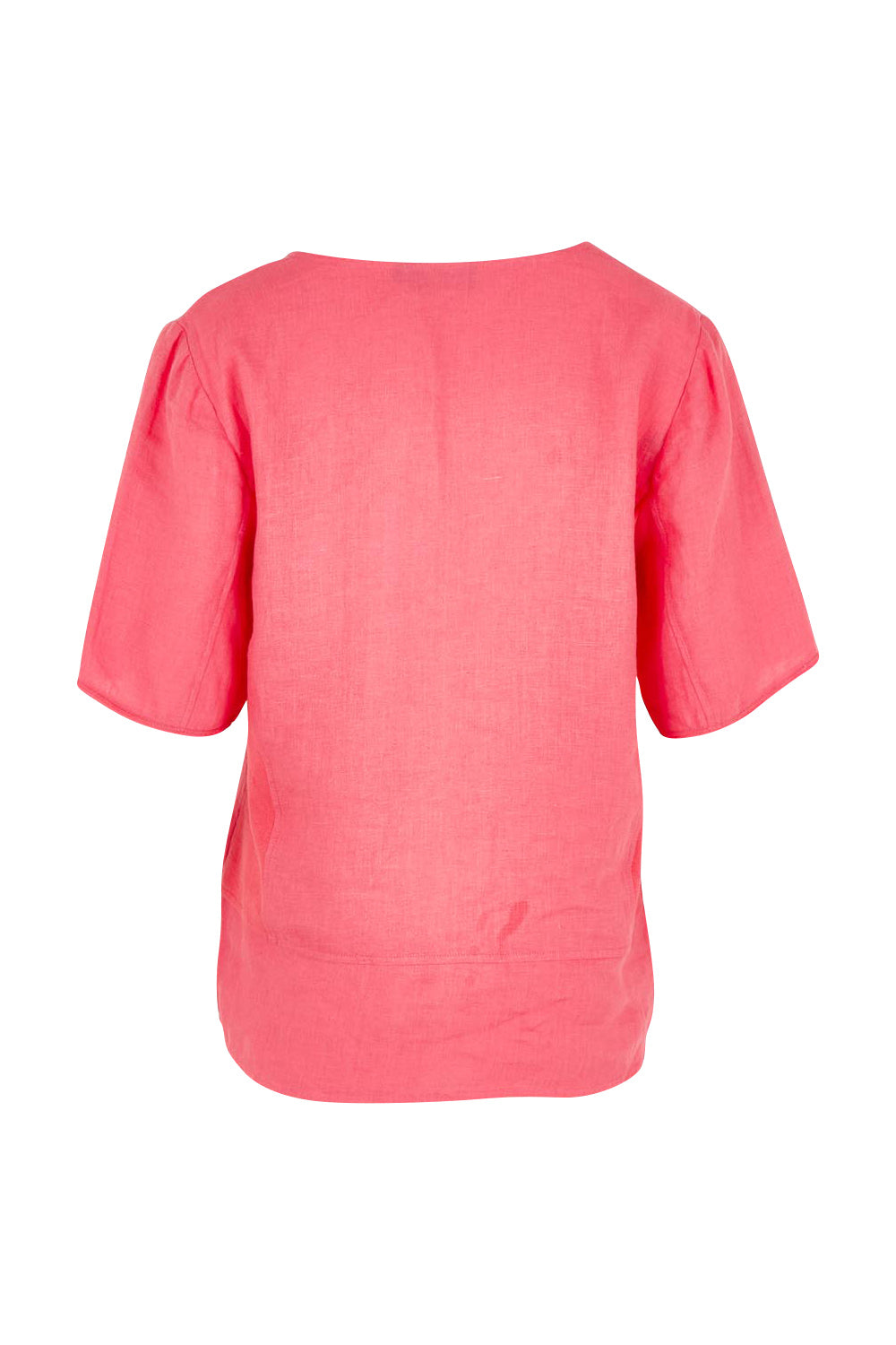 Product shot of the Linen Elastane V Neck Blouse in colour Melon (Pink), from the back