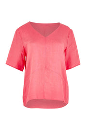 Product shot of the Linen Elastane V Neck Blouse in colour Melon (Pink), from the front