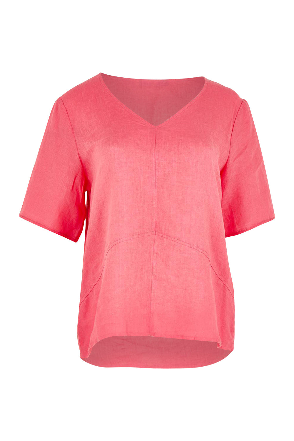 Product shot of the Linen Elastane V Neck Blouse in colour Melon (Pink), from the front