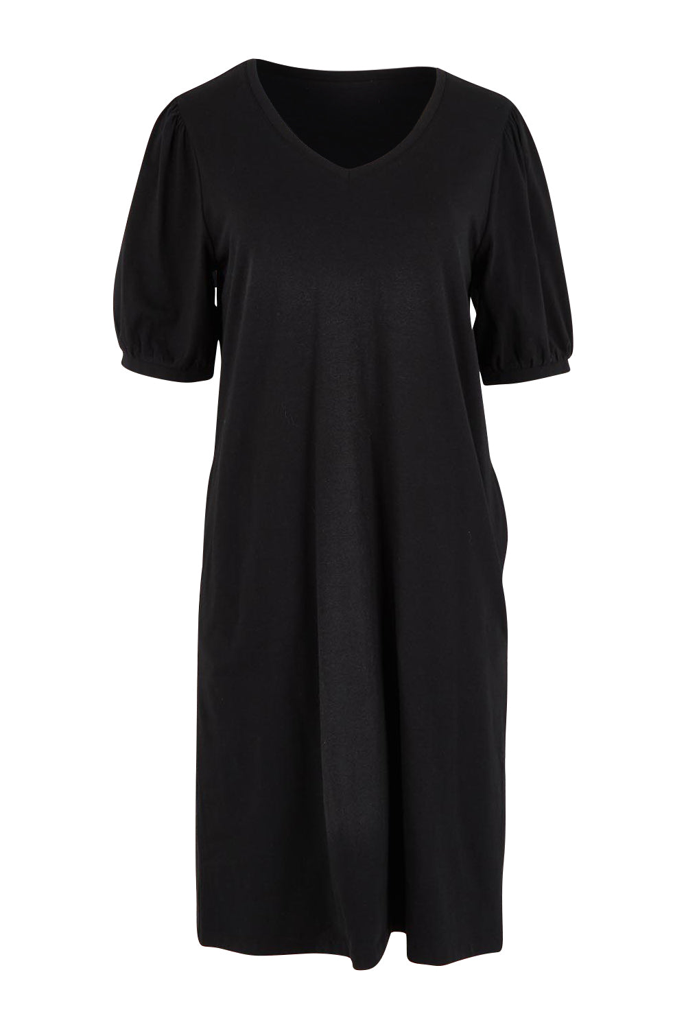 Product shot of the Cotton Jersey Puff Sleeve Dress in colour Black (Black), from the front
