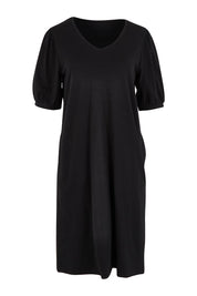 Product shot of the Cotton Jersey Puff Sleeve Dress in colour Black (Black), from the front
