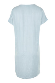 Product shot of the Viscose Linen Short Sleeve Dress in colour Dustyblue (Blue), from the back
