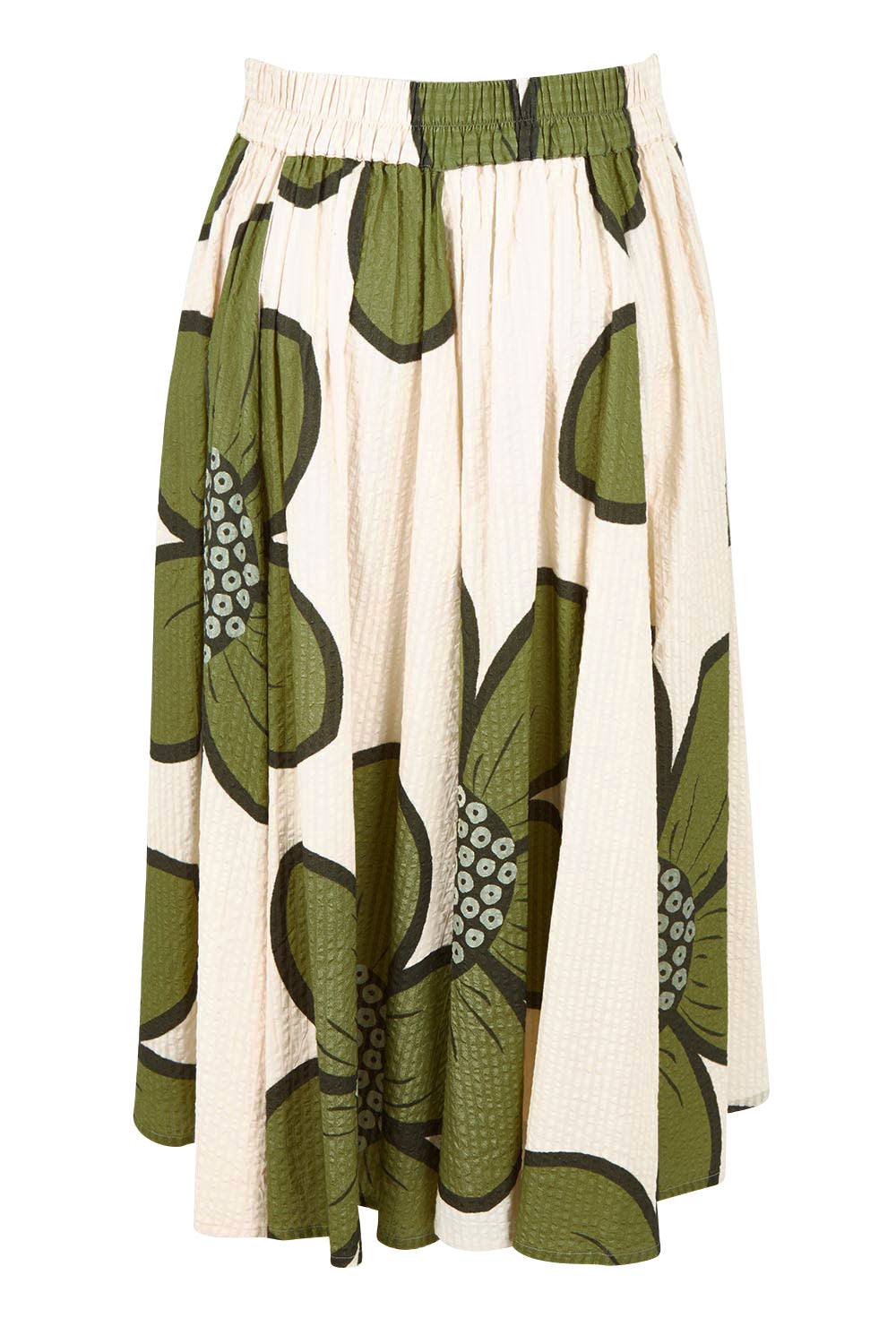 Product shot of the Cotton Flower Skirt in colour Boldflower (Green), from the back