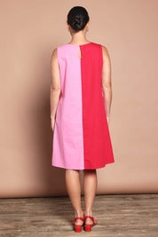 Model Katie wearing size 10 of the Cotton Ain colourLine Split Shift Dress - Redpink (Red), from the back