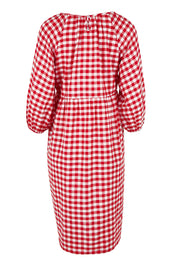 Product shot of the Cotton Empire Waist Dress in colour Ginghamred (Red), from the back