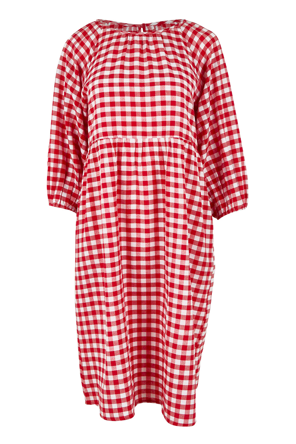 Product shot of the Cotton Empire Waist Dress in colour Ginghamred (Red), from the front