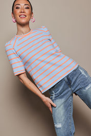 Model Katie wearing size 10 of the Cotton Stripe Puff Sleeve Top in colour Blueorange (Blue), from the front, cropped image
