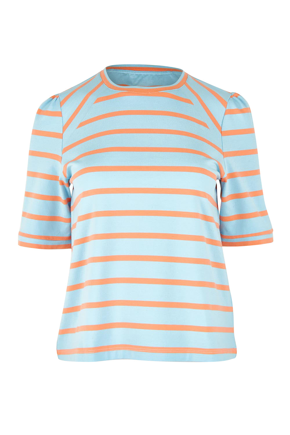 Product shot of the Cotton Stripe Puff Sleeve Top in colour Blueorange (Blue), from the front
